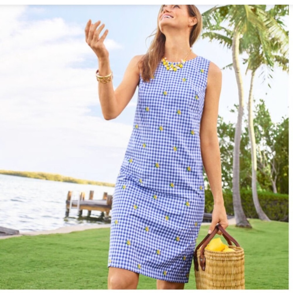 Talbots Blue Gingham Shift Dress with Yellow Floral Accents